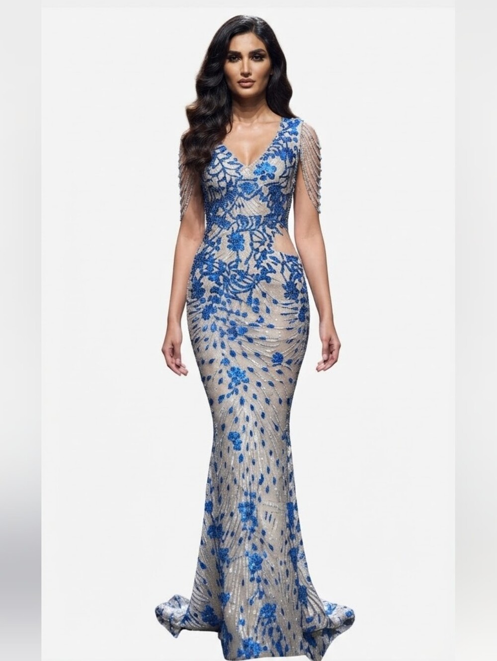 Blue, Floral Print, V Neck,  Beaded Draped Sleeves,  Sequined Mermaid Go…